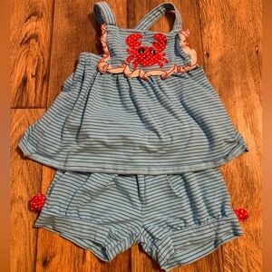 Blue Striped Kids Set w/ Crab Embroidery  - girls Size: 5